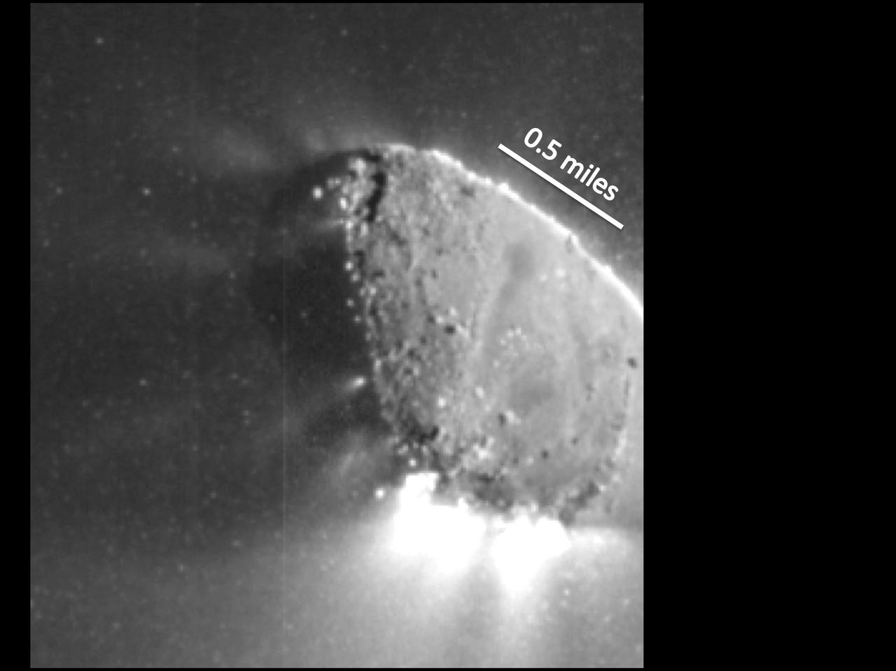 This enhanced image, one of the closest taken of comet Harley 2 by NASA EPOXI mission, shows jets and where they originate from the surface. There are jets outgassing from the sunward side, the night side, and along the terminator.