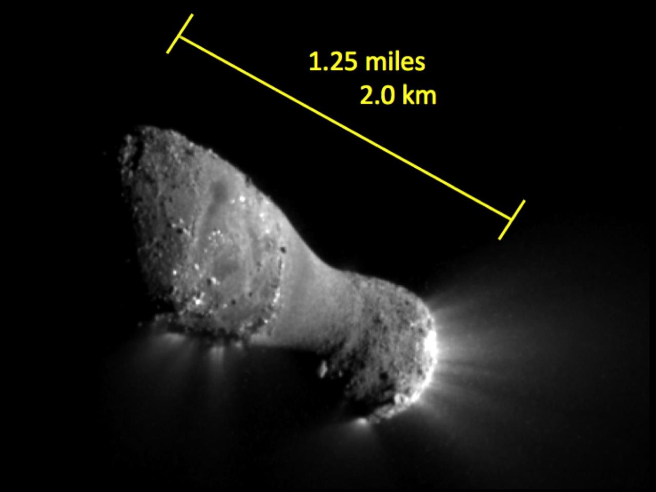 This image, one of the closest taken of comet Hartley 2 by NASA EPOXI mission, shows many features across the comet surface. The length of the comet is equal to the distance between the Capitol building and the Washington Monument in Washington.