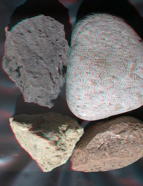 This stereo view of terrestrial rocks combines two images taken by a testing twin of the Mars Hand Lens Imager MAHLI camera on NASA Mars Science Laboratory. 3D glasses are necessary to view this image.