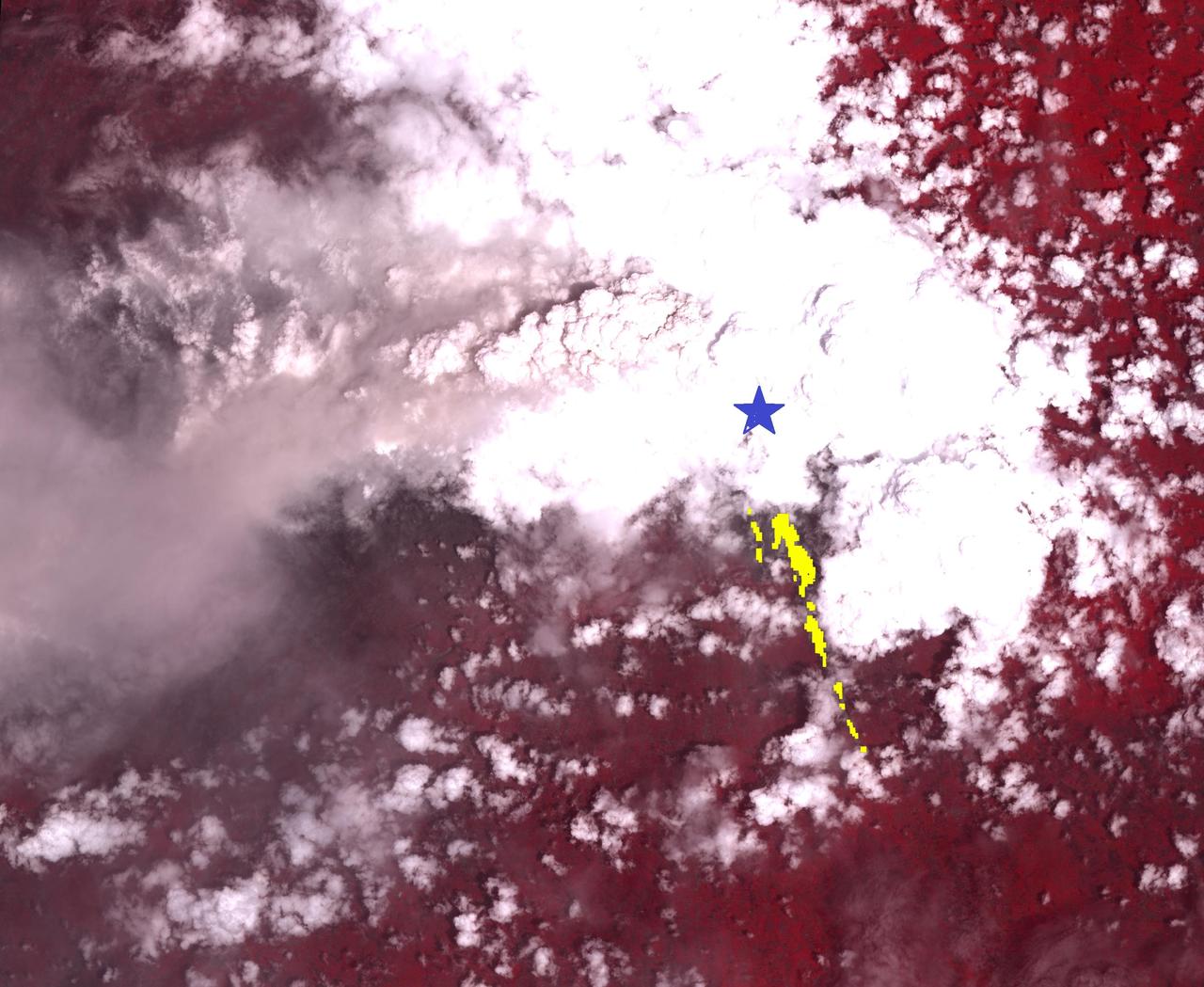 On Nov. 8, 2010, the ASTER instrument onboard NASA Terra spacecraft captured an image of the hot volcanic flows from Merapi volcano that resulted from continued collapse of the summit lava dome, and the ensuing release of ash plumes.