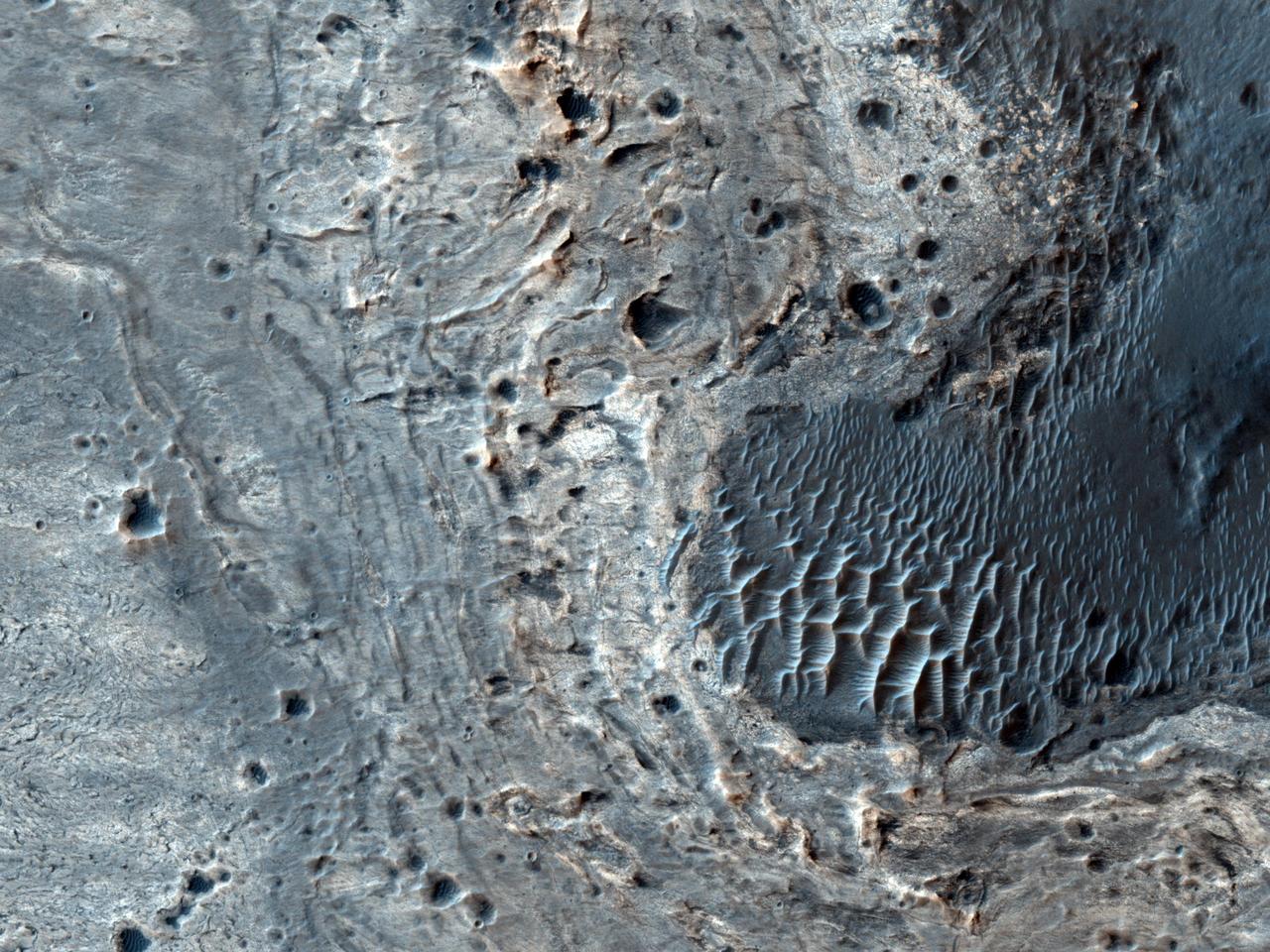 This image from NASA Mars Reconnaissance Orbiter shows a number of unusual, quasi-circular structures that apparently formed within bright flows in Meridiani Planum.