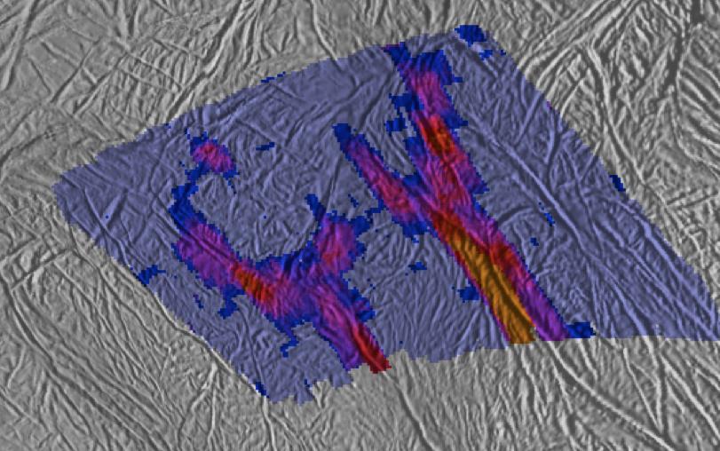 This image shows a high-resolution heat intensity map of part of the south polar region of Saturn moon Enceladus, made from data obtained by NASA Cassini spacecraft.