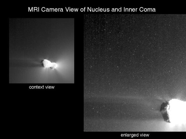 NASA EPOXI mission spacecraft obtained these views of the icy particle cloud around comet Hartley 2. The image on the left is the full image of comet Hartley 2 for context, and the image on the right was enlarged and cropped.