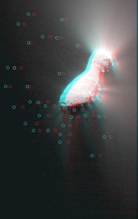 This 3-D image shows the region where NASA Deep Impact mission sent a probe into the surface of comet Tempel 1 in 2005. This picture was taken six years after the Deep Impact collision. 3D glasses are necessary to view this image.