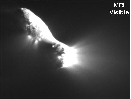 Infrared scans of comet Hartley 2 by NASA EPOXI mission spacecraft show carbon dioxide, dust, and ice being distributed in a similar way and emanating from apparently the same locations on the nucleus.