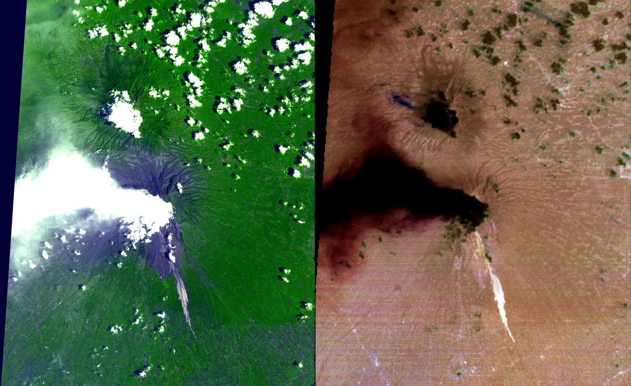 This thermal infrared image from NASA Terra spacecraft of Merapi continuing eruption has been processed to reveal the dominant presence of volcanic ash in the eruption plume and clouds, displayed in dark red. The warm volcanic flow appears bright.