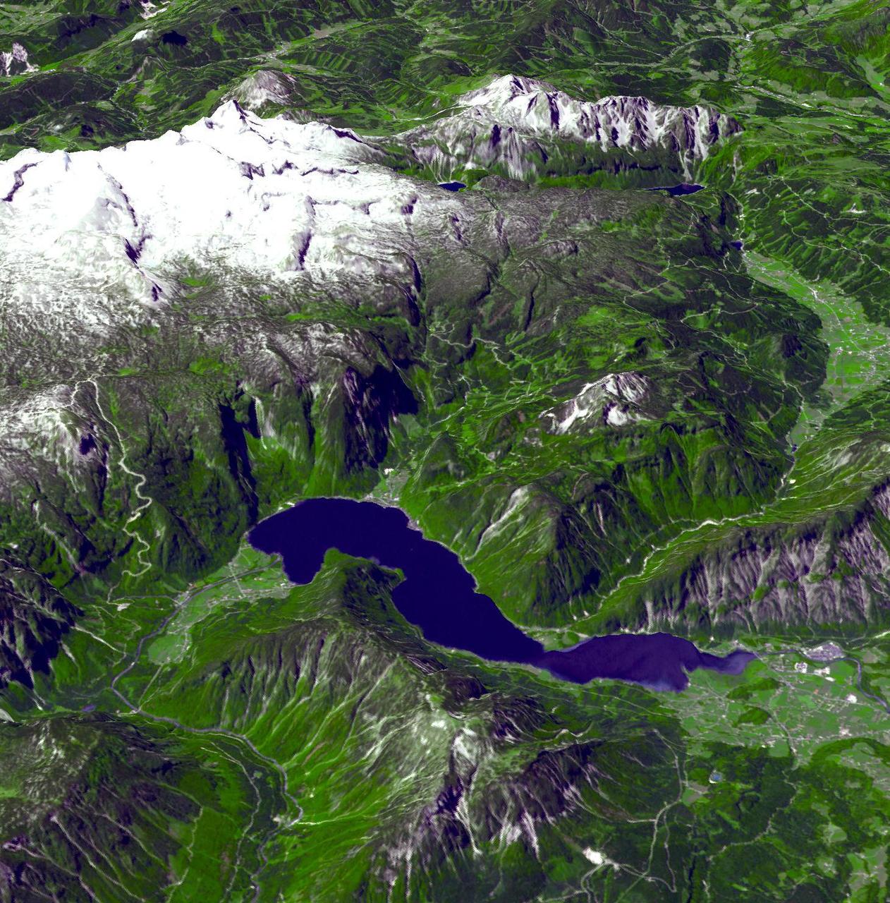 This perspective view from the Advanced Spaceborne Thermal Emission and Reflection Radiometer instrument aboard NASA Terra spacecraft shows the magnificent natural landscape of Salzkammergut, Austria.