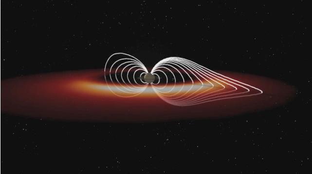 This frame from an animation based on data obtained by NASA Cassini spacecraft shows how the explosions of hot plasma on the night side orange and white periodically inflate Saturn magnetic field white lines.