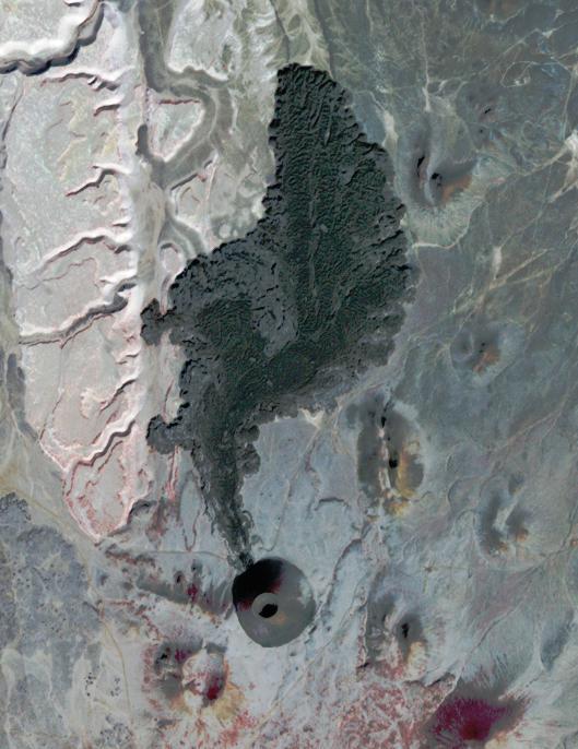SP Crater, a volcanic cone and flow in Arizona, is visible in this image obtained by the Advanced Spaceborne Thermal Emission and Reflection Radiometer ASTER instrument on NASA Terra spacecraft.