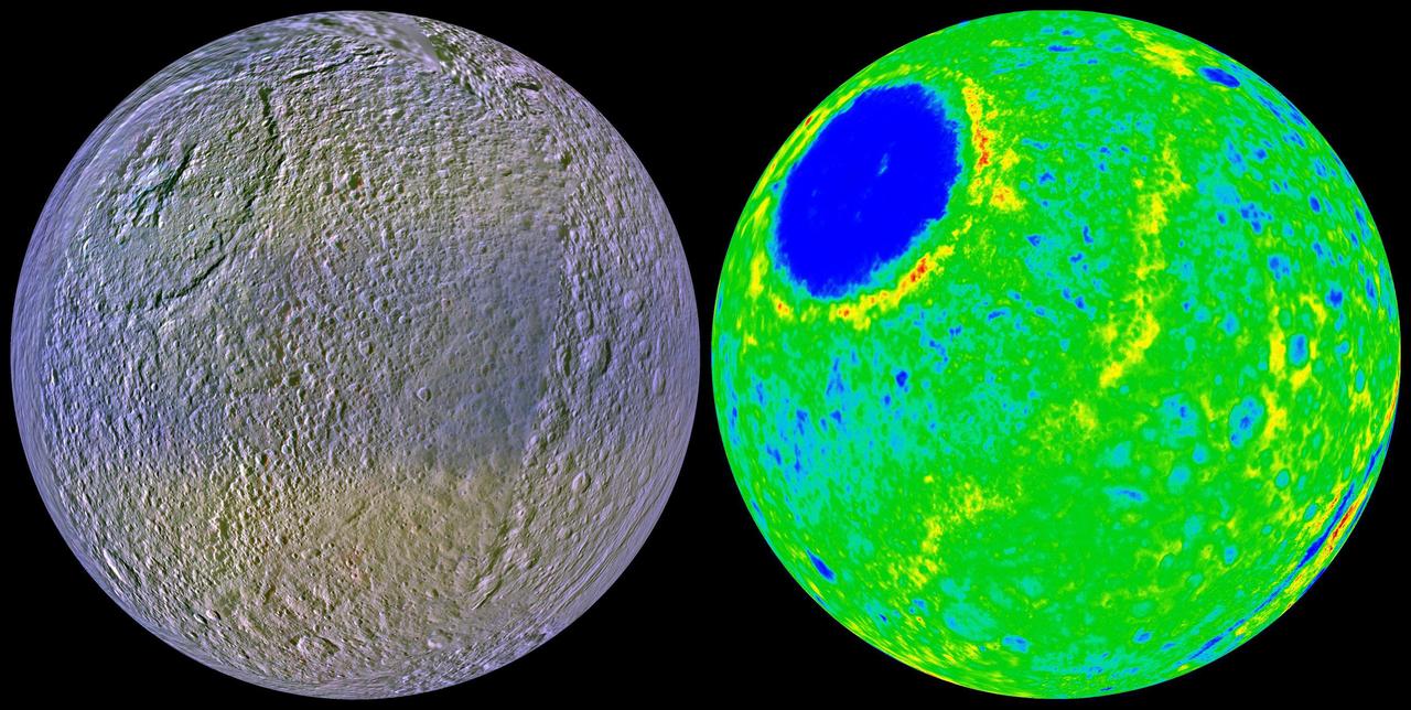 These two views of Tethys show the high-resolution color left and the topography right of the leading, or forward-facing, hemisphere of this ice-rich satellite. Data for these images is from NASA Cassini spacecraft.