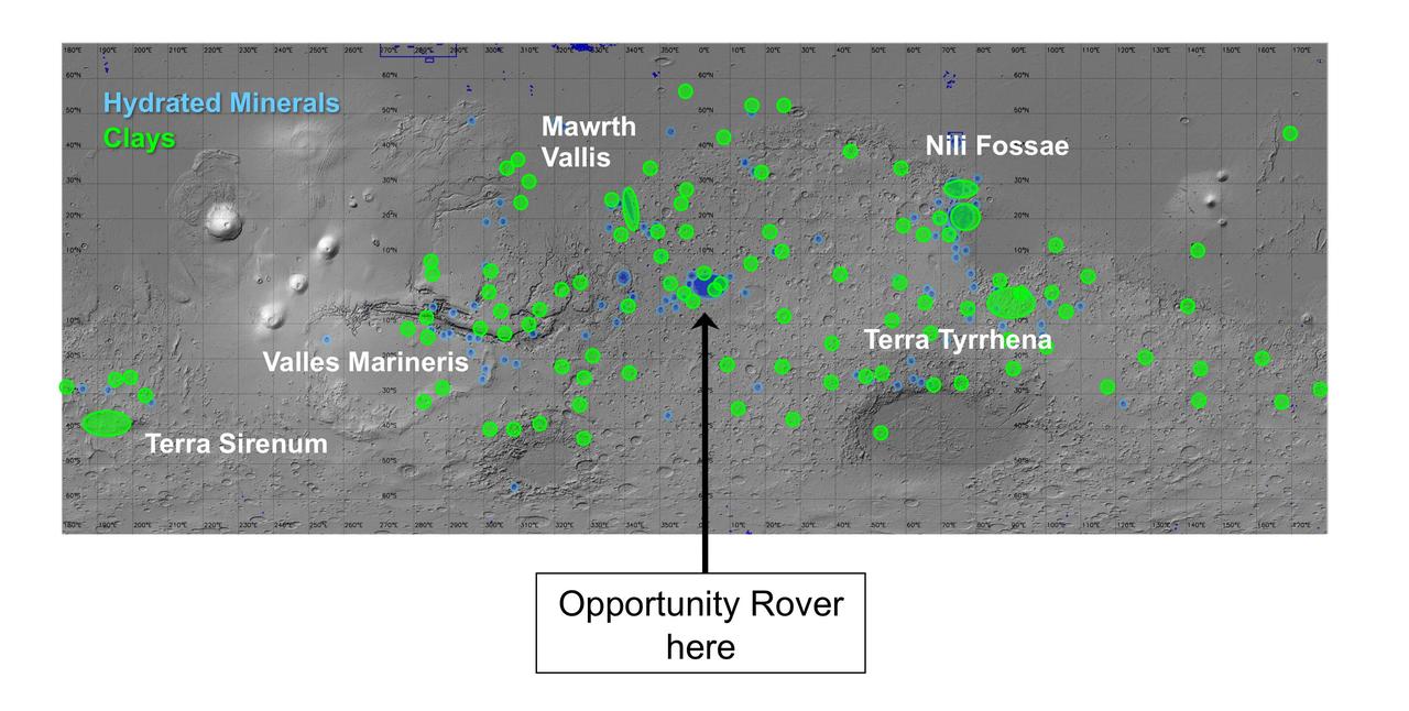 On this map of Mars, spectrometers on spacecraft orbiting Mars have detected clay minerals green and hydrated minerals-- clays, sulfates and others blue.