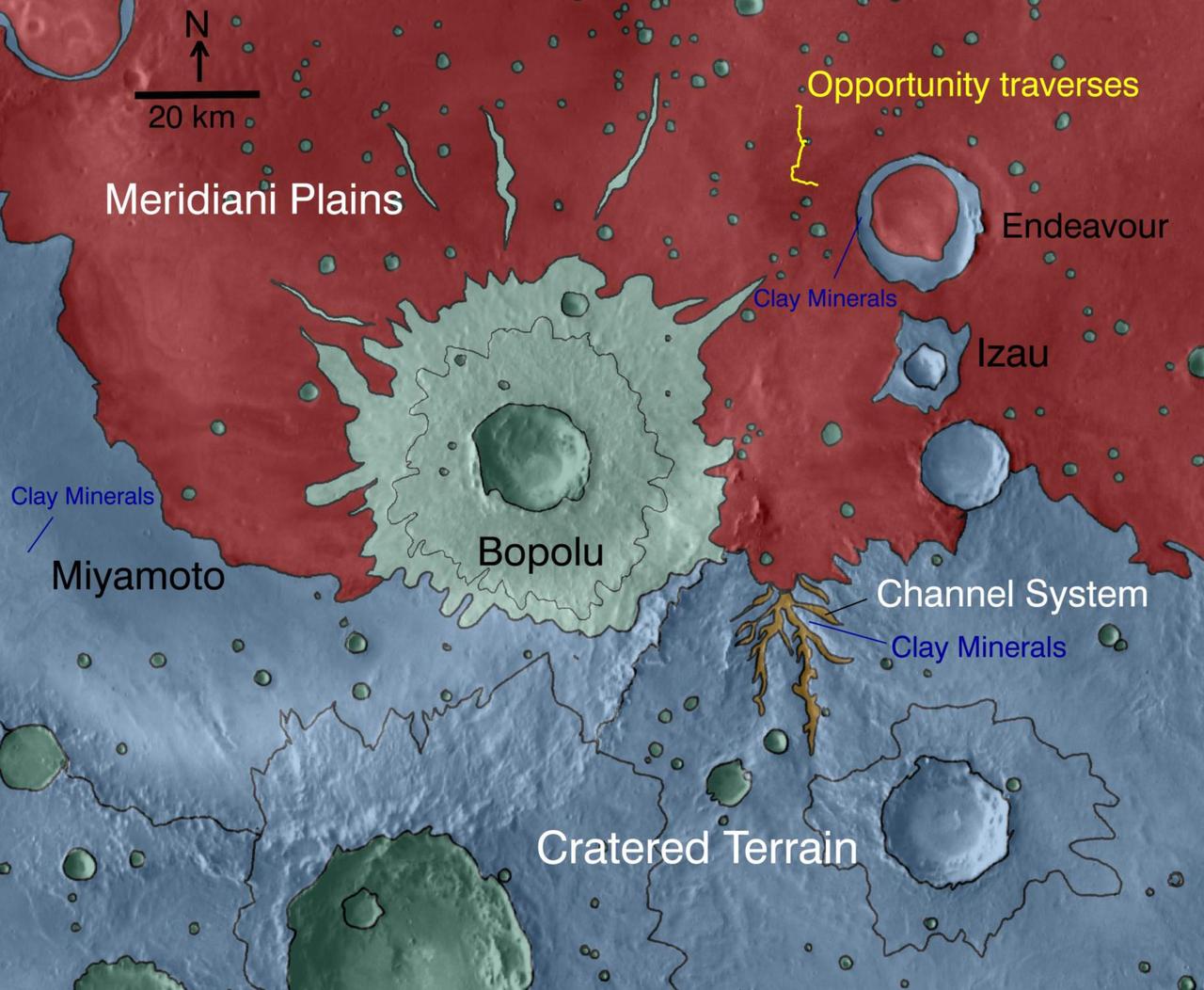 This map indicates geological units in the region of Mars around a smaller area where NASA Mars Exploration Rover Opportunity has driven from early 2004 through late 2010.