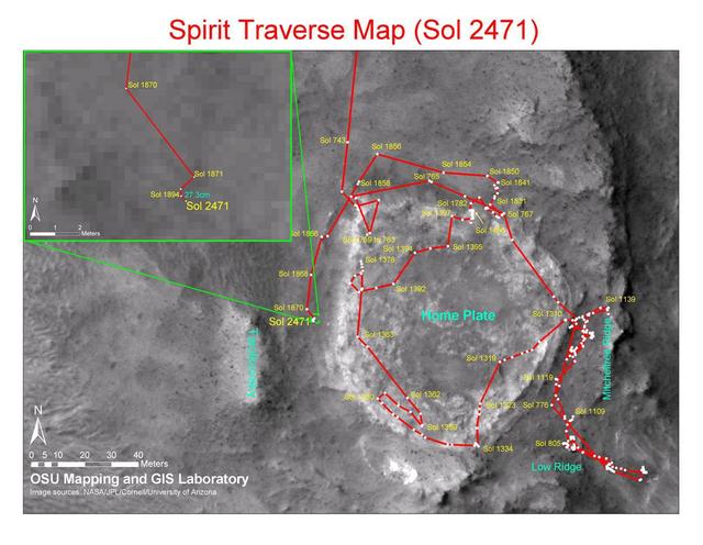 This map shows the path that NASA Mars Exploration Rover Spirit followed from the 743rd Martian day Feb. 4, 2009, or sol, to Sol 2471 Dec. 15, 2010. Spirit has been at a sand-trap location called Troy since April 2009.