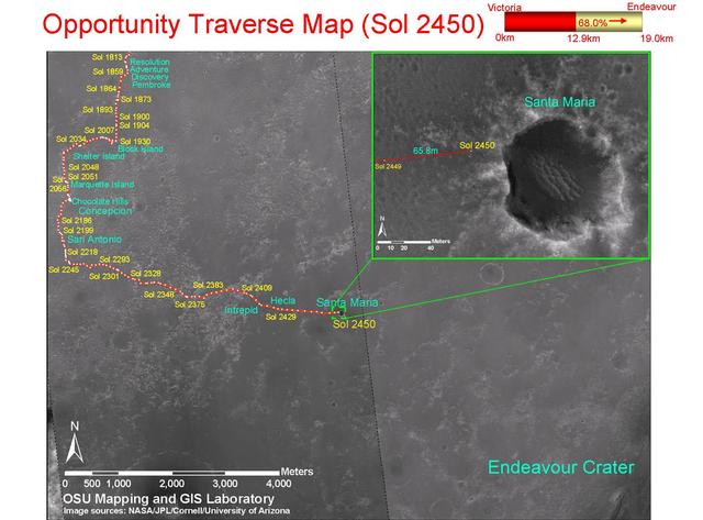 This map shows the path that NASA Mars Exploration Rover Opportunity followed from the 1,813th Martian day, or sol, to Sol 2450 Dec. 15, 2010 when Opportunity approached a crater informally named Santa Maria.