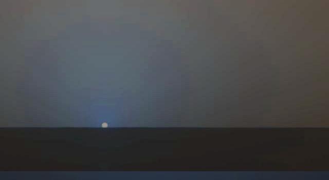 The sun descends to the Martian horizon and sets in this image from the panoramic camera Pancam on NASA Mars Exploration Rover Opportunity. A movie is available at the Photojournal.