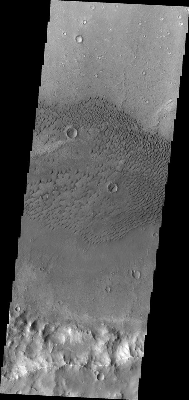 This image from NASA Mars Odyssey shows dunes on the floor of an unnamed crater west of Herschel Crater.