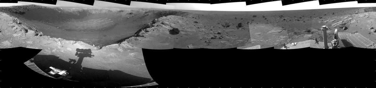 This 360-degree mosaic of images from the navigation camera on NASA Mars Exploration Rover Opportunity shows the view from the western rim of Santa Maria crater. South is at the center, north at both ends.