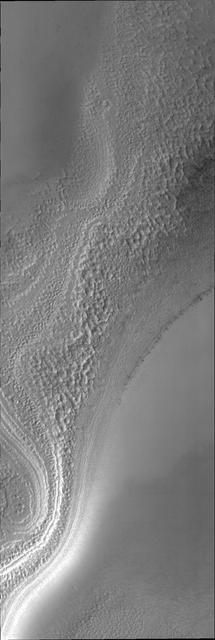 It is early springtime in the southern hemisphere of Mars in this image from NASA Mars Odyssey. The south polar cap is now illuminated by the sun and the surface can be studied as it changes with the passage of spring.