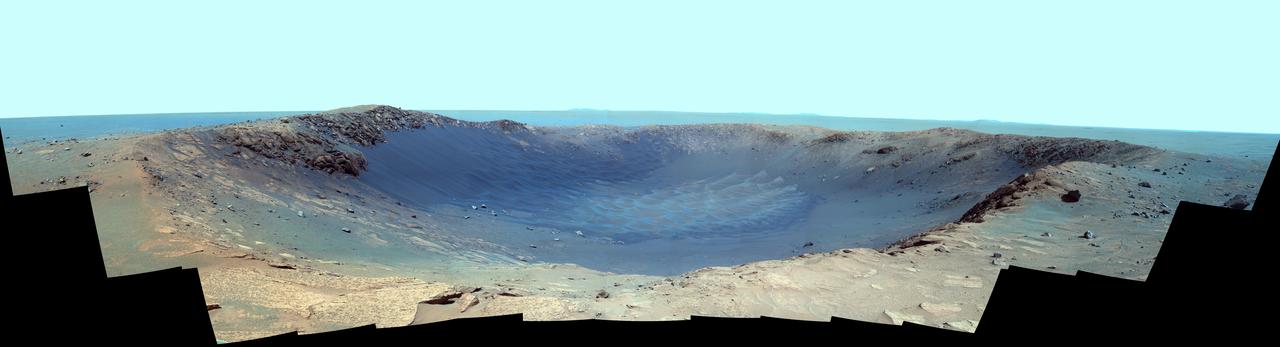 Panorama of Santa Maria Crater for Opportunity Anniversary False Color