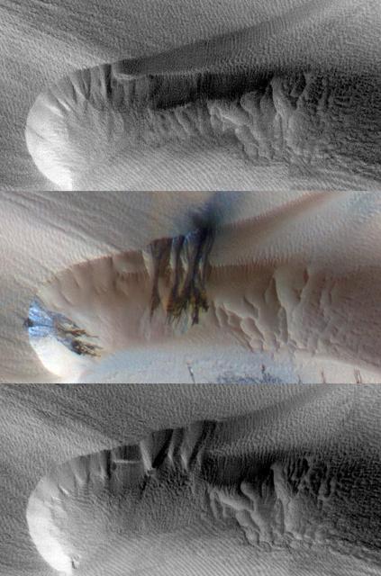 Three images of the same location, taken by NASA Mars Reconnaissance Orbiter at different times on Mars, show seasonal activity causing sand avalanches and ripple changes on a Martian dune. Time sequence of the images progresses from top to bottom.