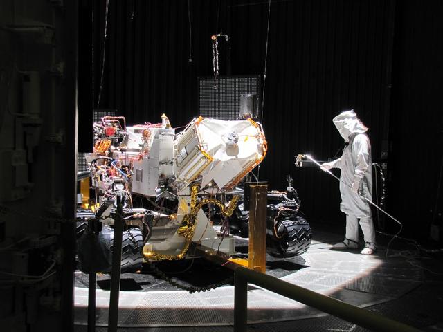 This image shows preparation for March 2011 testing of the Mars Science Laboratory rover, Curiosity, in a space-simulation chamber; the rover will go through operational sequences in environmental conditions similar to what it will experience on Mars.