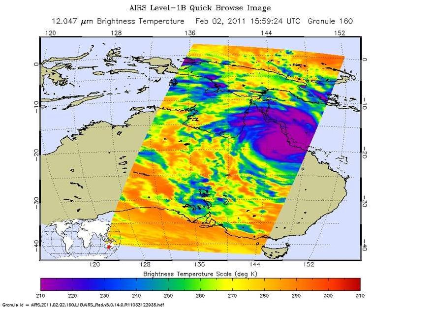 Powerful Tropical Cyclone Yasi fury rakes Northeastern Australia in February, 2011, as seen by the Atmospheric Infrared Sounder AIRS on NASA Aqua satellite.