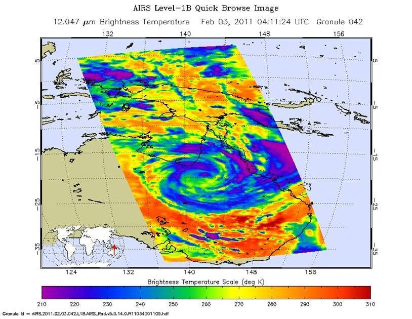 The Atmospheric Infrared Sounder AIRS instrument onboard NASA Aqua spacecraft captured this infrared image of Tropical Cyclone Yasi on Feb. 2, 2011 as the storm passed over Australia Great Dividing Range.