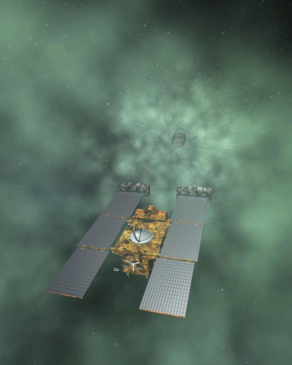 Artist concept of NASA Stardust-NExT mission, which will fly by comet Tempel 1 on Feb. 14, 2011.