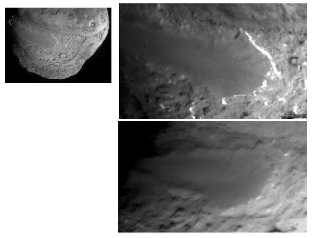 This image layout depicts changes in the surface of comet Tempel 1, observed first by NASA Deep Impact Mission in 2005 top right and again by NASA Stardust-NExT mission on Feb. 14, 2011 bottom right.