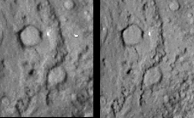 This pair of images shows the before-and-after comparison of the part of comet Tempel 1 that was hit by the impactor from NASA Deep Impact spacecraft.