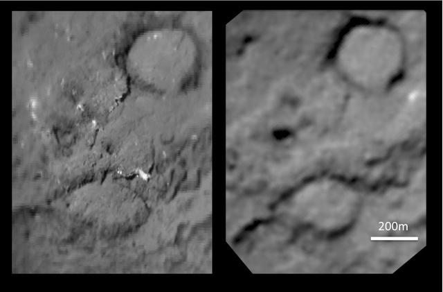 This pair of images shows the before-and-after comparison of the part of comet Tempel 1 that was hit by the impactor from NASA Deep Impact spacecraft.