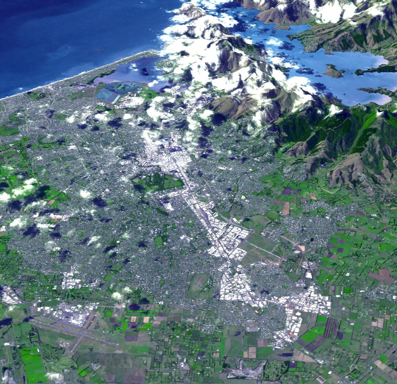 On Feb. 23, 2011, NASA Terra spacecraft imaged the Christchurch region on New Zealand South Island; this region was rocked by a powerful magnitude 6.3 earthquake.
