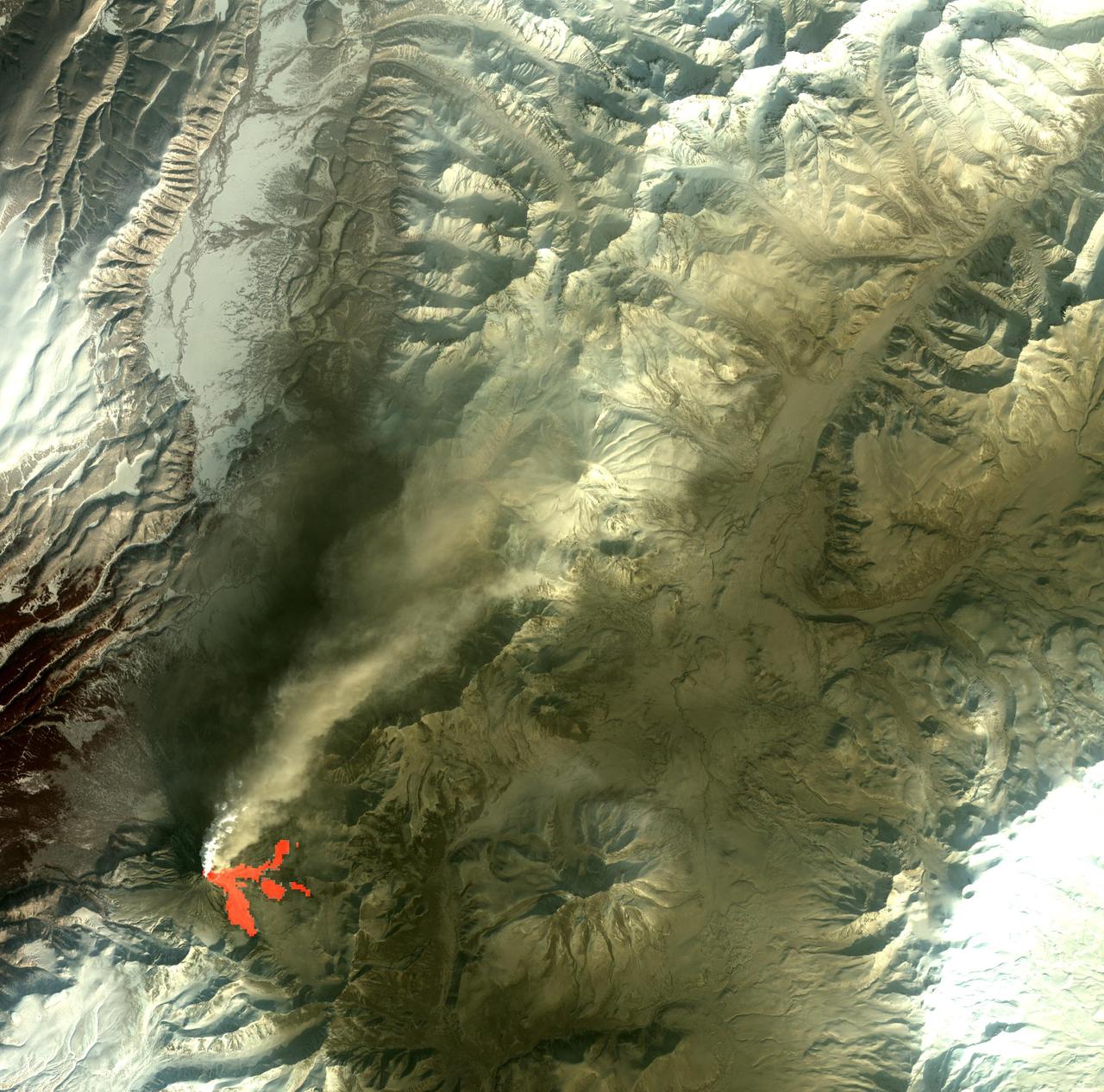 On Feb. 25, 2011, NASA Terra spacecraft captured this image of a large ash-laden eruption plume drifting towards the northeast from Kizimen volcano, an isolated stratovolcano, in Kamchatka, Russia.