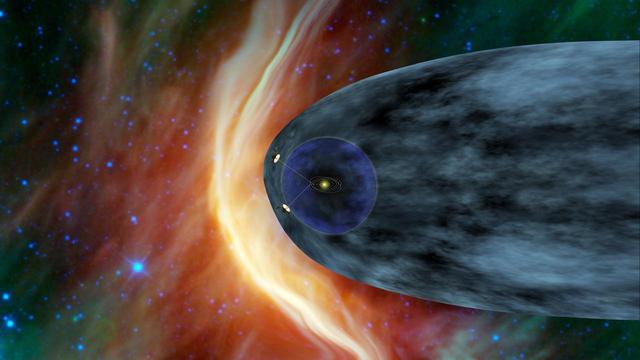 This artist concept shows NASA two Voyager spacecraft exploring a turbulent region of space known as the heliosheath, the outer shell of the bubble of charged particles around our sun. The Voyagers have been in space 33 years.