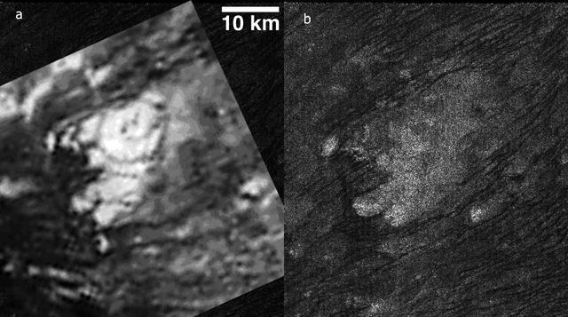 These side-by-side images obtained by NASA Cassini spacecraft show the feature named Tortola Facula on Saturn moon Titan.