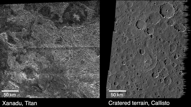 These images compare surface features observed by NASA Cassini spacecraft at the Xanadu region on Saturn moon Titan left, and features observed by NASA Galileo spacecraft on Jupiter cratered moon Callisto right.
