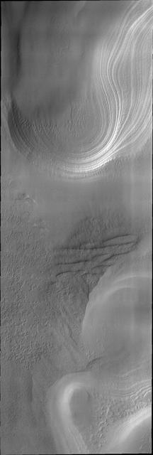 This image captured by NASA Mars Odyssey shows layering in the south polar cap.