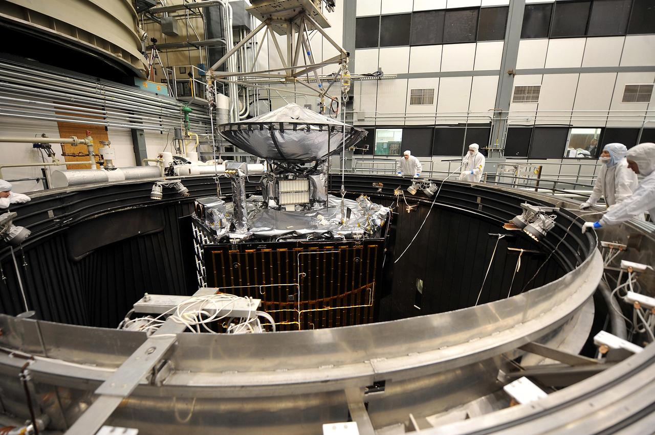 NASA Juno spacecraft is raised out of a thermal vacuum chamber following tests that simulated the environment of space over the range of conditions the probe will encounter during its mission.
