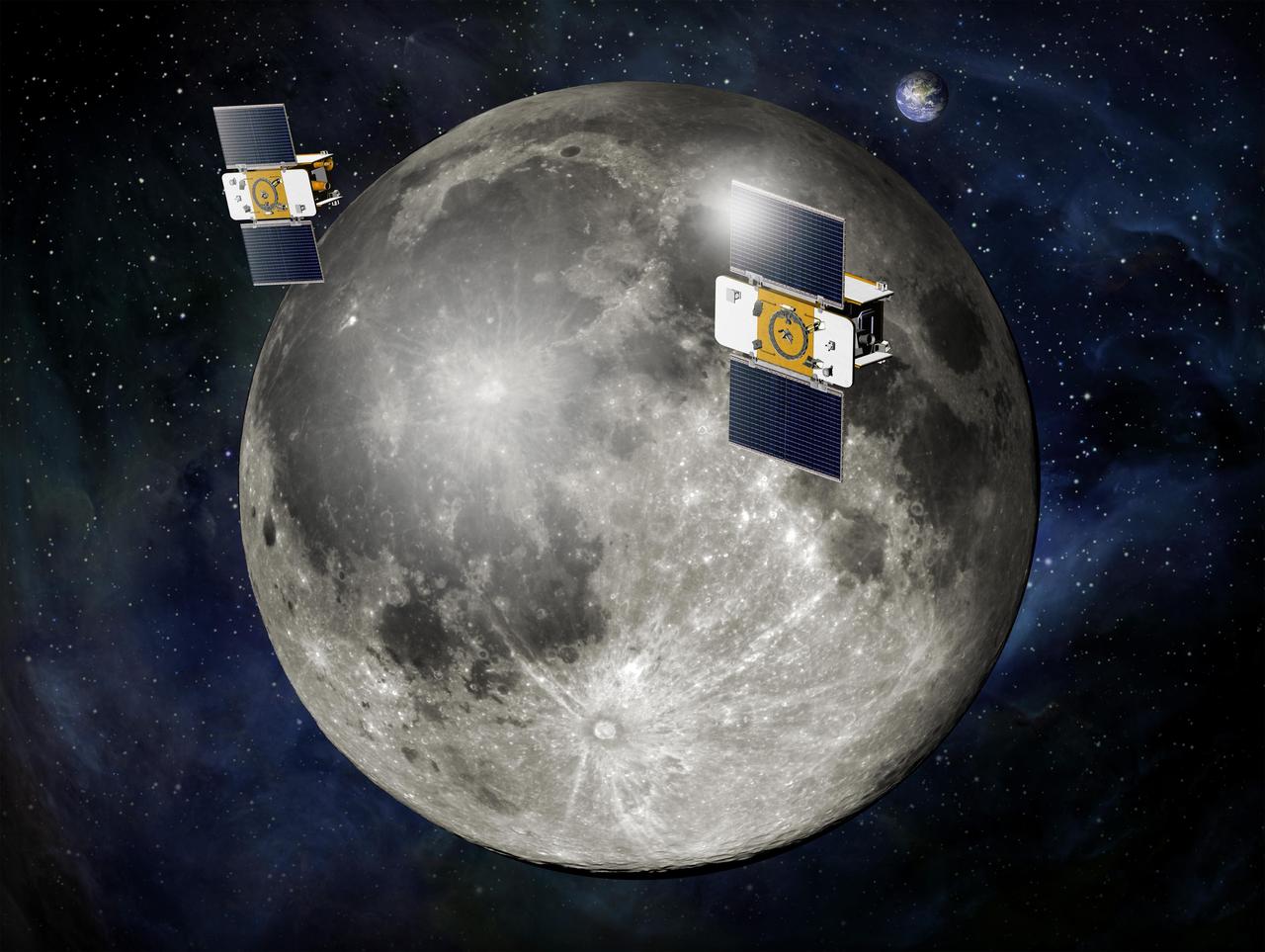 Using a precision formation-flying technique, NASA twin GRAIL spacecraft will map the moon gravity field. This is an artist concept.
