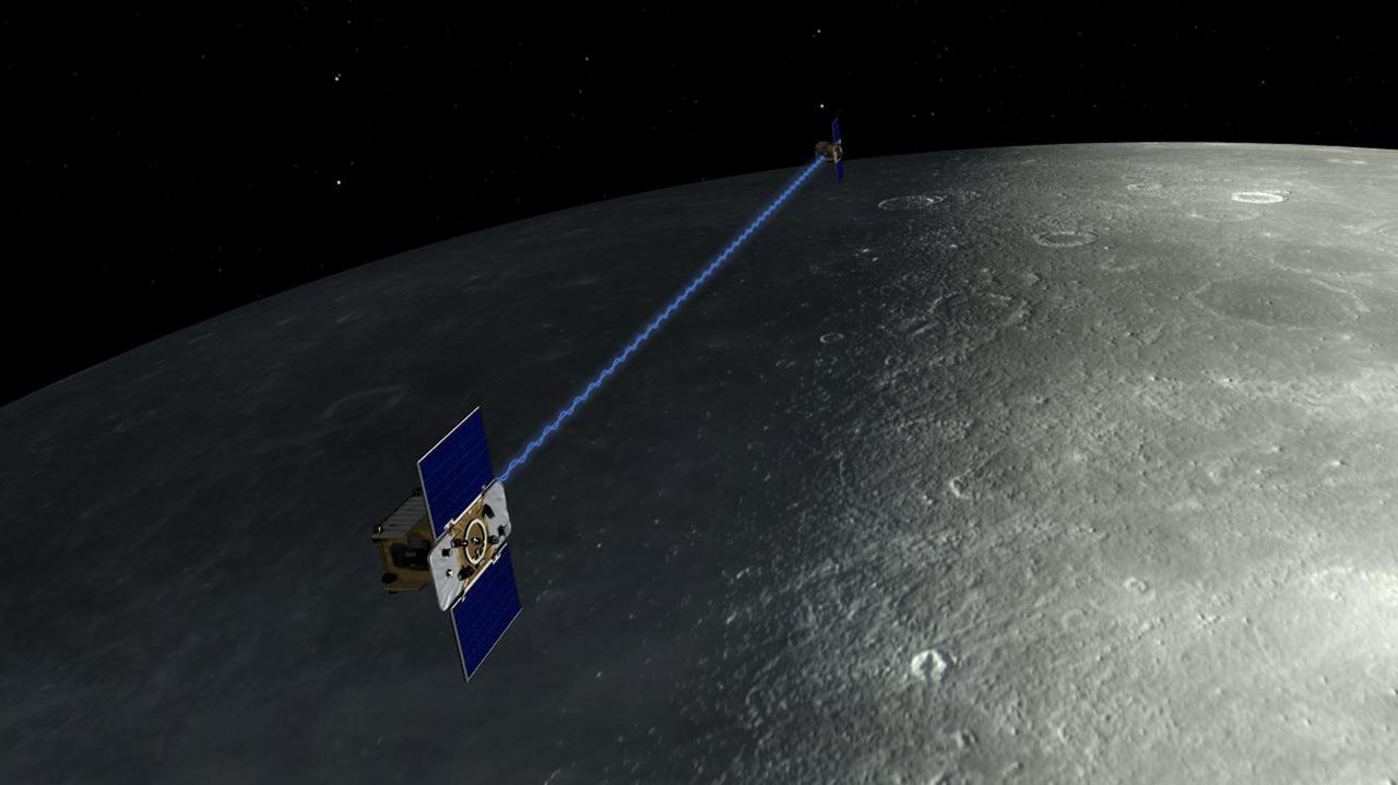 An artist depiction of the twin spacecraft that comprise NASA GRAIL mission. During the GRAIL mission science phase, spacecraft Ebb and Flow transmit radio signals precisely defining the distance between them as they orbit the moon in formation.