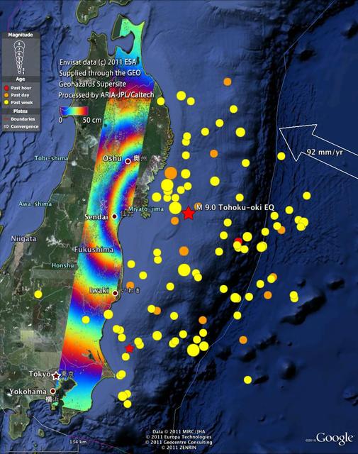 Satellite Radar Measures Tohoku, Japan Earthquake Google Overlay