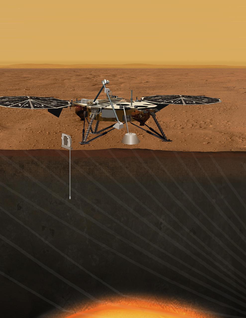 An artist concept portrays the proposed Geophysical Monitoring Station mission for studying the deep interior of Mars.