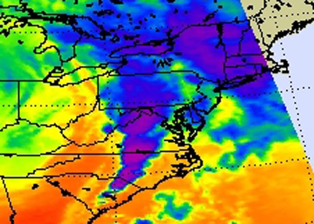 NASA Aqua satellite captured an infrared image of the storms on April 16, 2011 showing very cold, high cloud tops of the strong thunderstorms that spawned tornadoes in North Carolina and Virginia.