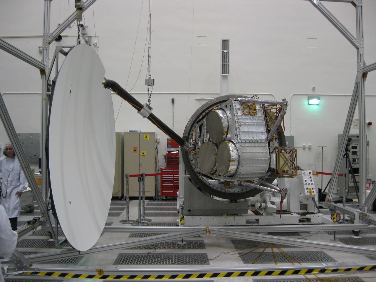 Aquarius reflector deployment is tested in the clean room at NASA Jet Propulsion Laboratory in Pasadena, Calif.