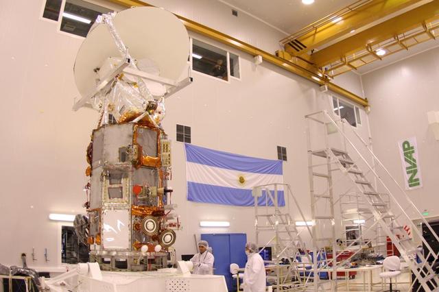 NASA Aquarius instrument on SAC-D sevice platform in INVAP high bay facility for mechanical integration activities.