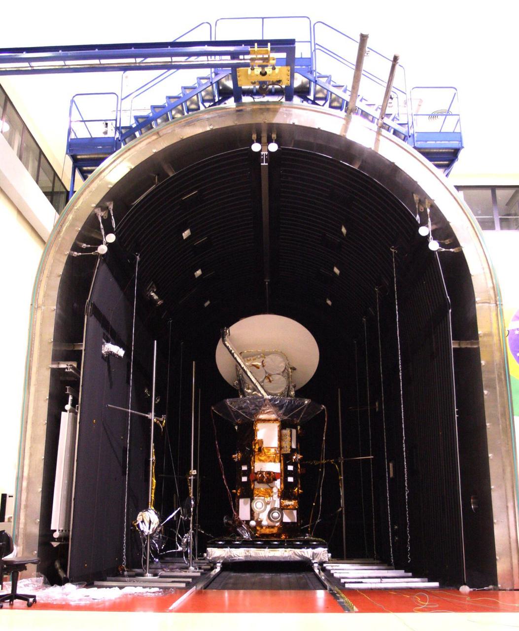 NASA Aquarius/SAC-D observatory is moved into the thermal-vacuum chamber at Brazil National Institute for Space Research.