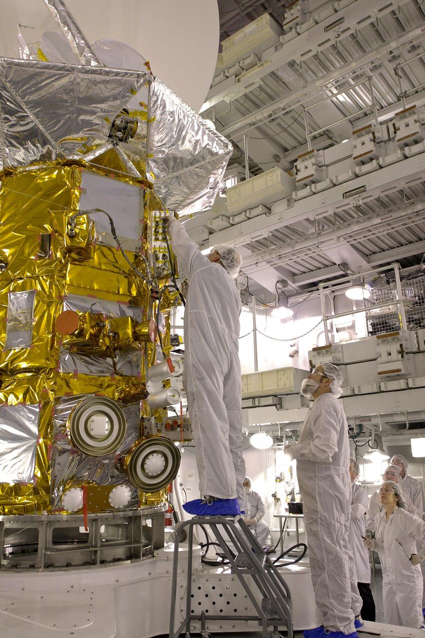 Less than two months before launch, team members conduct their final checks of NASA Aquarius instrument at Vandenberg Air Force Base, Calif. Subsequent final instrument tests will be conducted on the launch pad.