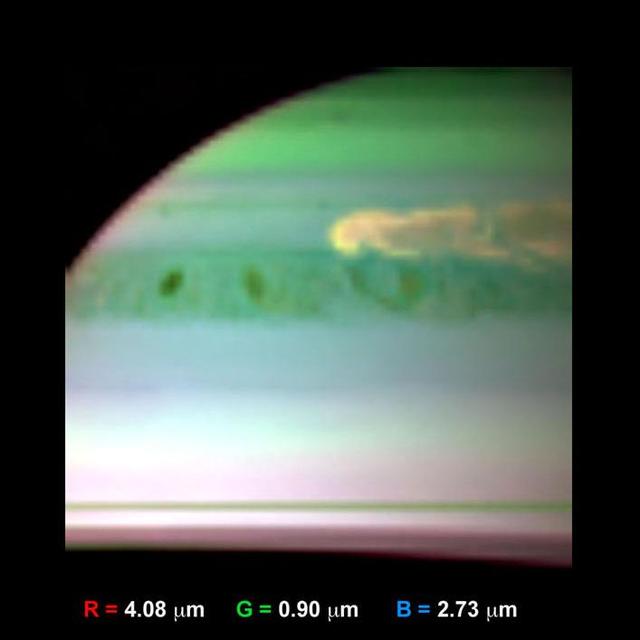 This false-color infrared image, obtained by NASA Cassini spacecraft, shows clouds of large ammonia ice particles dredged up by a powerful storm in Saturn northern hemisphere.