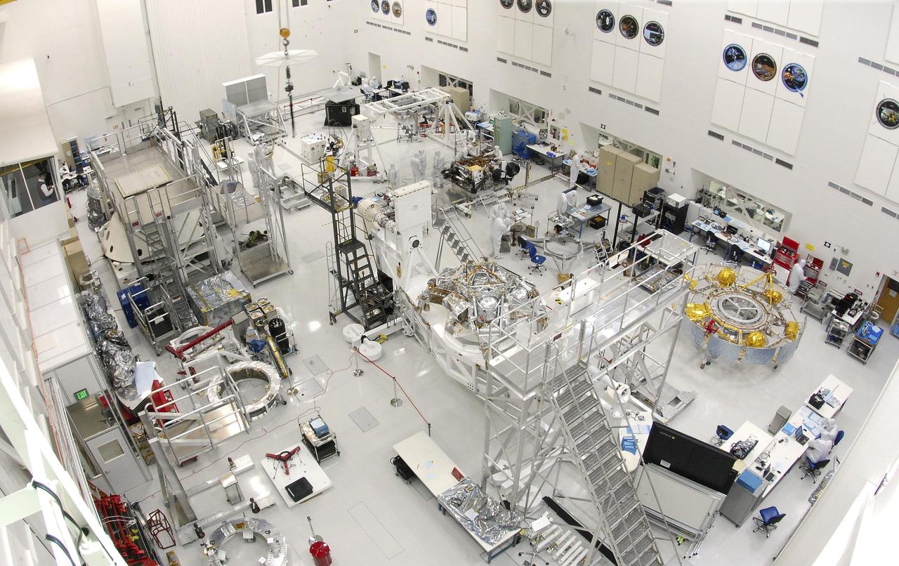 This wide-angle view shows the High Bay 1 cleanroom inside the Spacecraft Assembly Facility at NASA Jet Propulsion Laboratory, Pasadena, Calif. Specialists are working on components of NASA Mars Science Laboratory spacecraft.