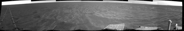 A dance-step pattern is visible in the wheel tracks near the left edge of this scene recorded by NASA Mars Exploration Rover Opportunity on Mars on April 1, 2011.